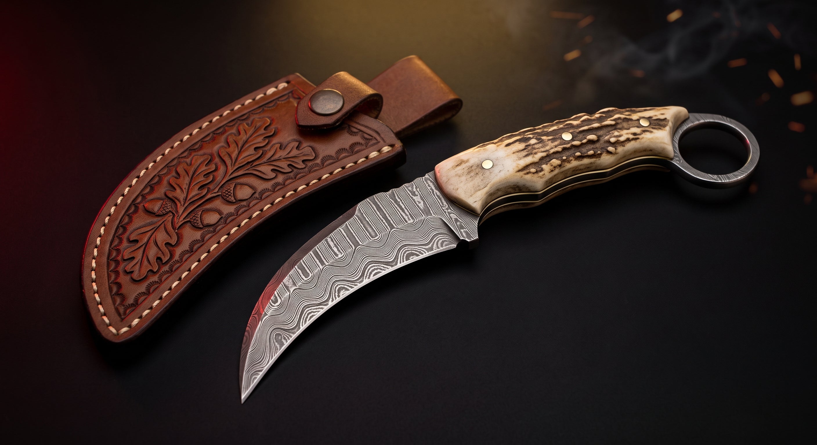 Damascus karambit knife with stag antler handle, finger ring and hand carved leather sheath