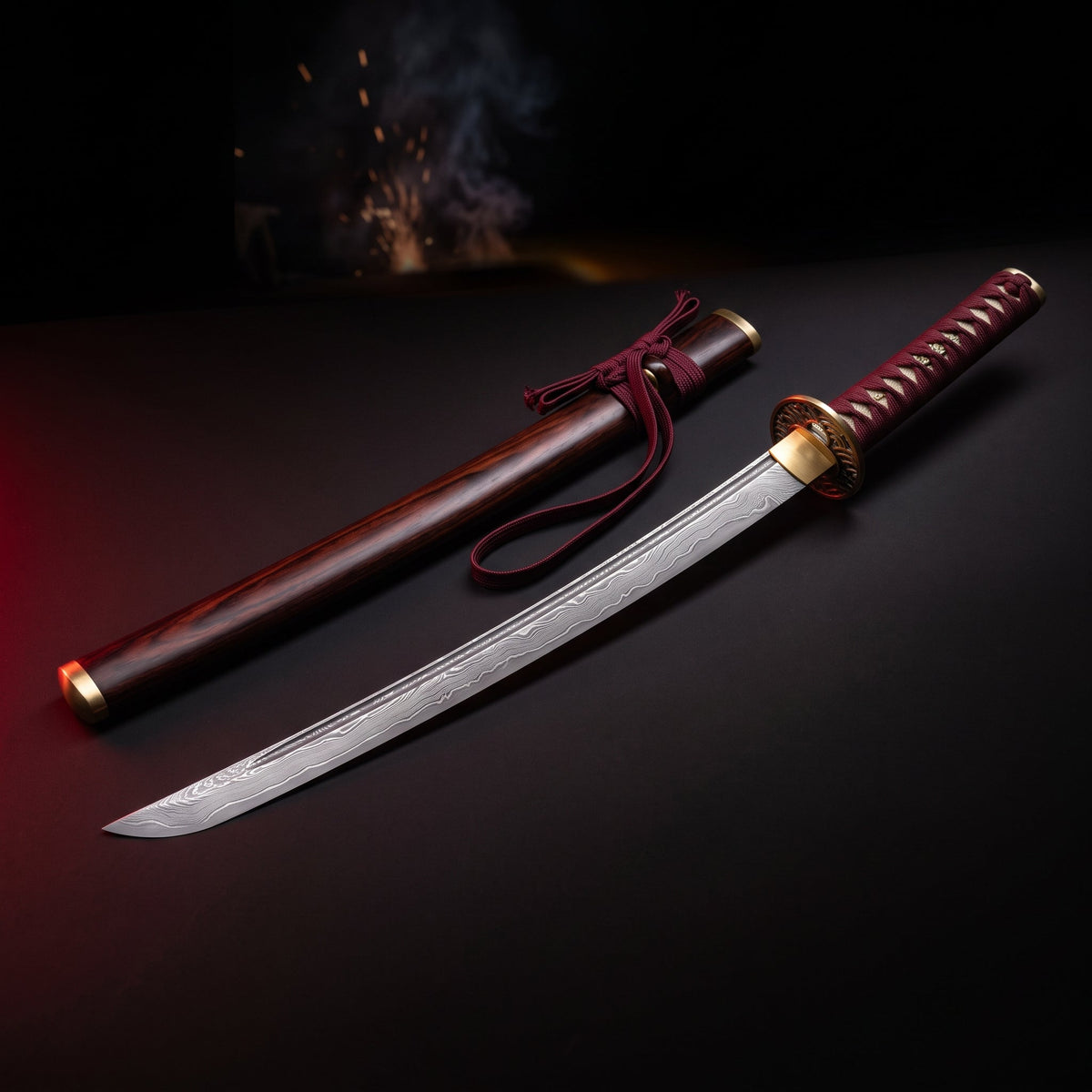 Damascus katana with rosewood saya, brass fittings and red cord wrapped handle