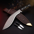 Damascus kukri with black micarta handle, tooled leather scabbard, karda and chakmak