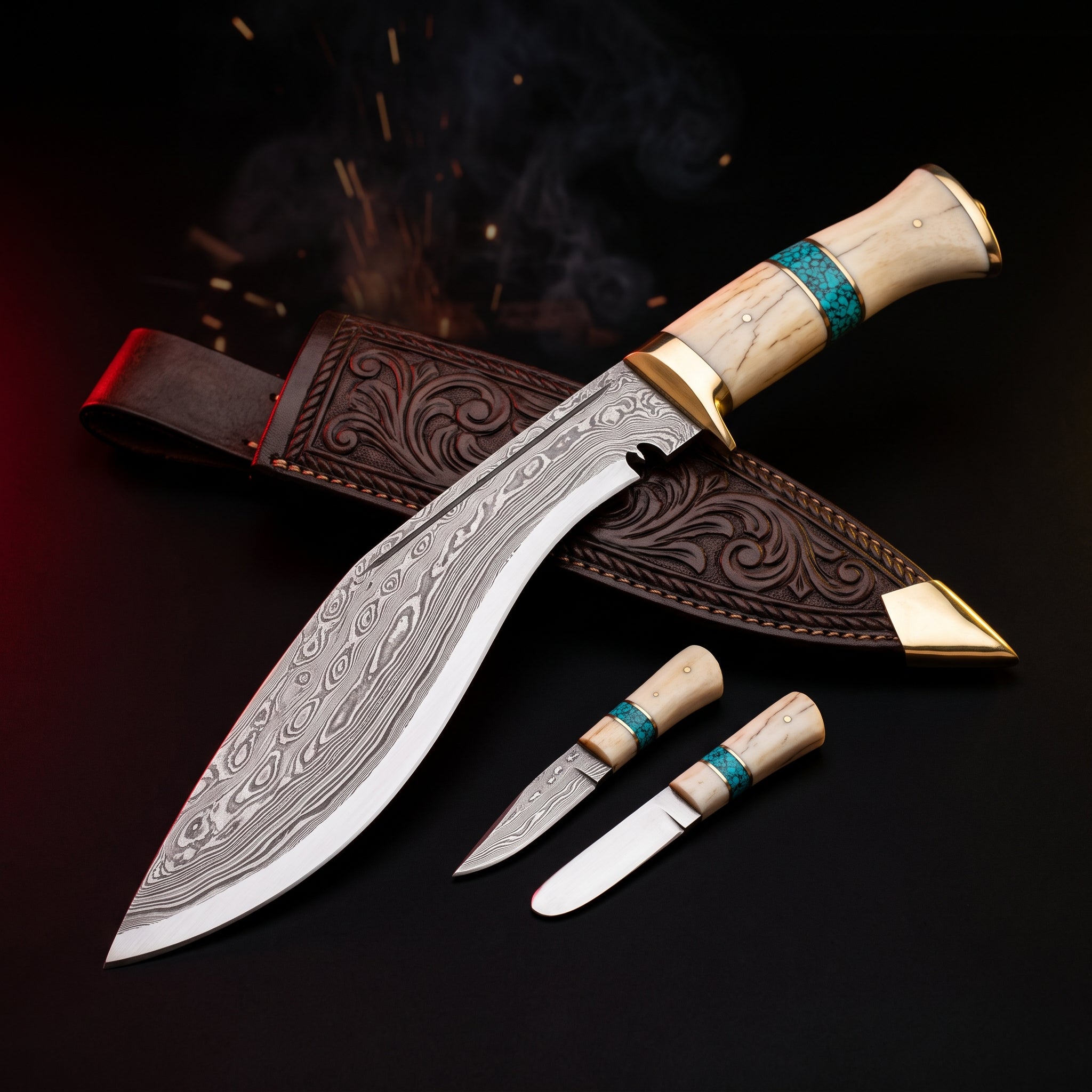 Damascus kukri with camel bone and turquoise handle, tooled leather scabbard, karda and chakmak