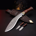 Damascus kukri with rosewood handle and brass bolster, floral tooled scabbard, karda and chakmak
