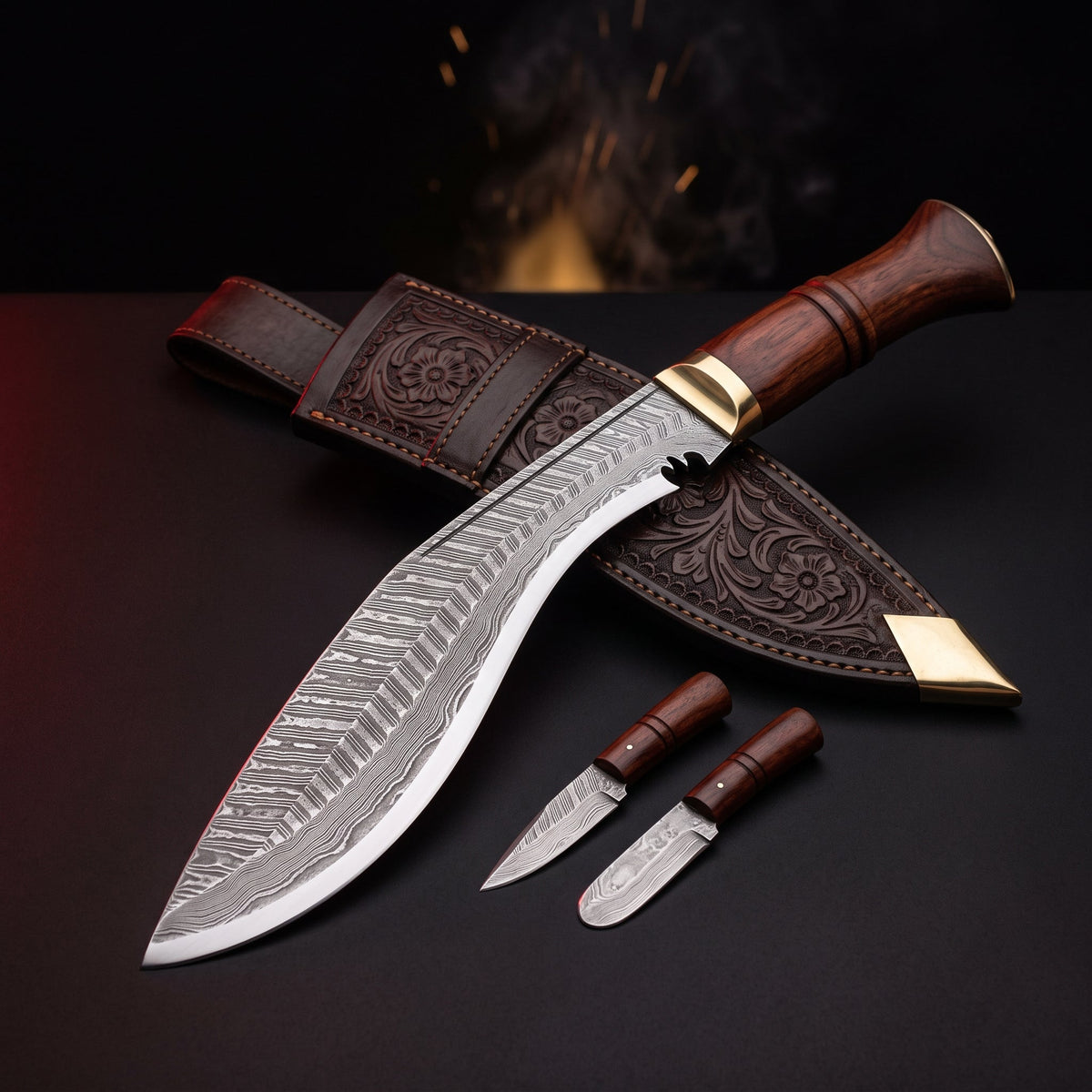 Damascus kukri with rosewood handle and brass bolster, floral tooled scabbard, karda and chakmak