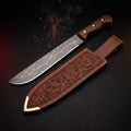 Damascus machete with walnut handle and floral tooled leather sheath