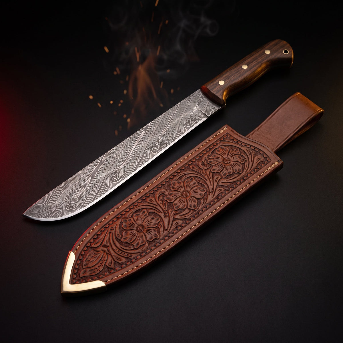 Damascus machete with walnut handle and floral tooled leather sheath