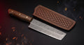 Damascus nakiri knife with rosewood handle and stamped leather sheath