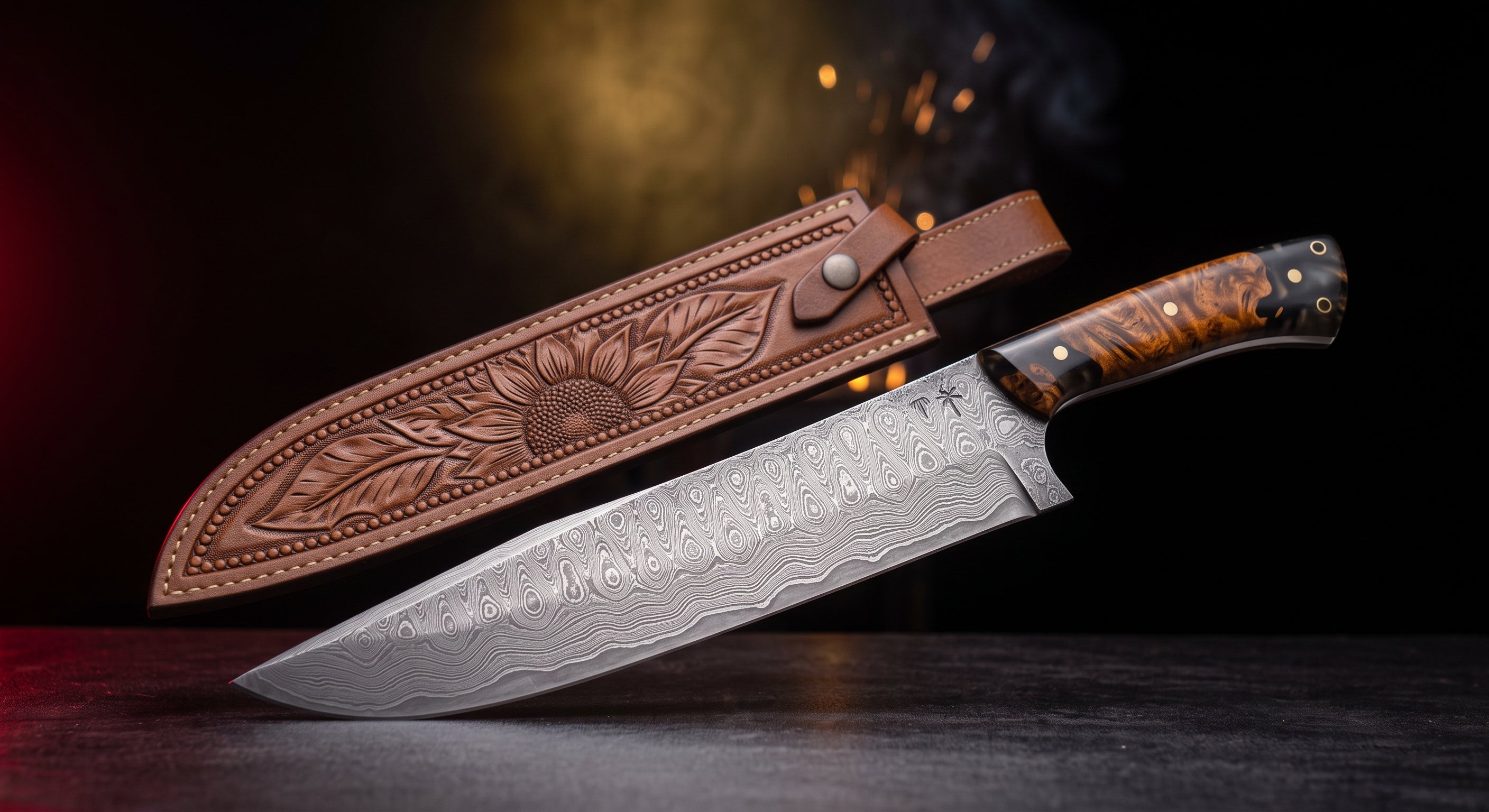 Damascus Serbian chef knife with burl wood and resin handle and tooled leather sheath