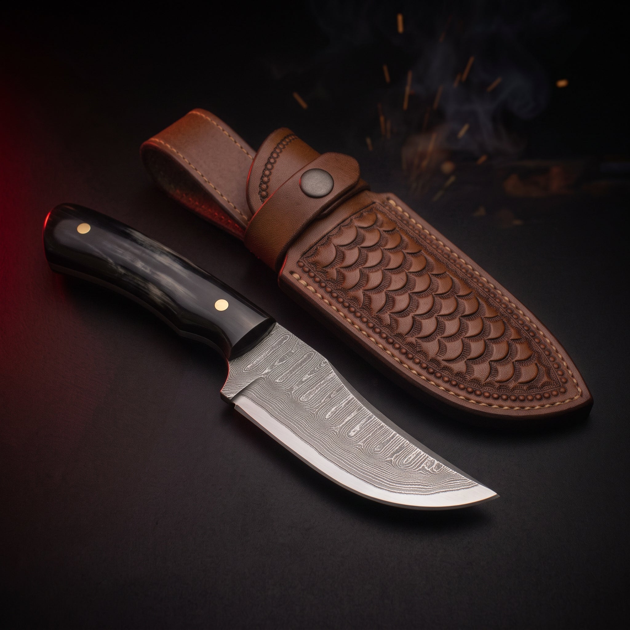 Damascus skinner knife with buffalo horn handle and tooled leather belt sheath