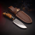 Damascus skinner knife with burl wood and resin handle and tooled leather belt sheath