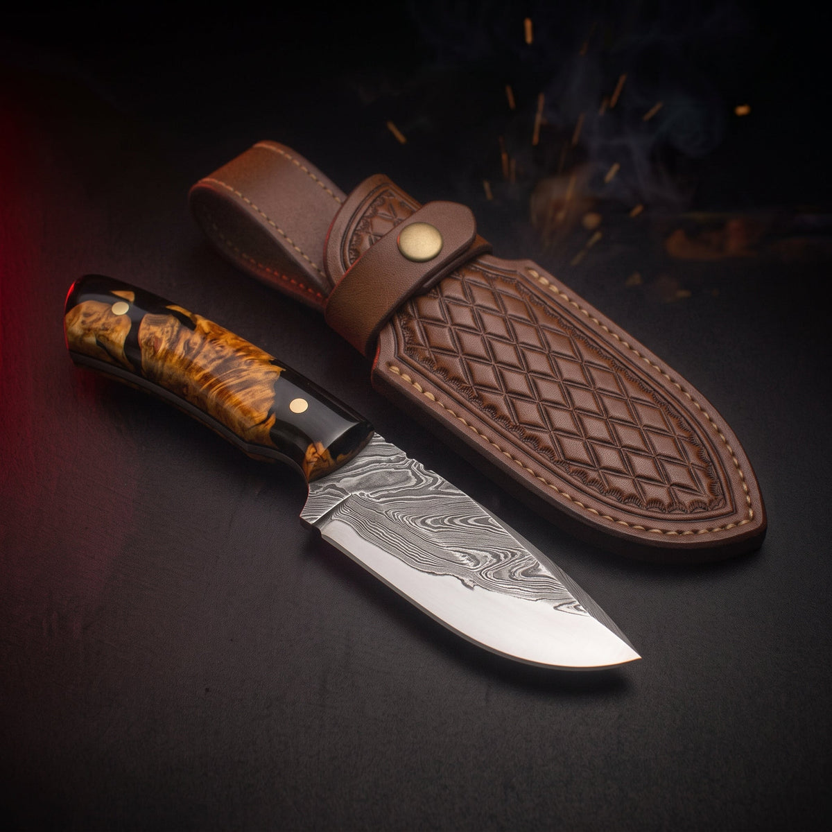 Damascus skinner knife with burl wood and resin handle and tooled leather belt sheath