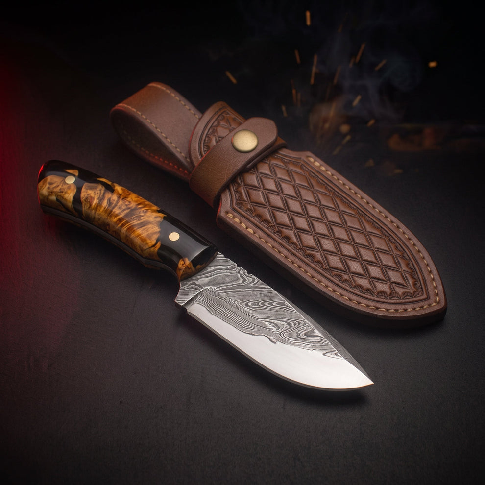 Damascus skinner knife with burl wood and resin handle and tooled leather belt sheath