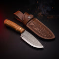 Damascus skinner knife with olive wood handle and tooled leather belt sheath