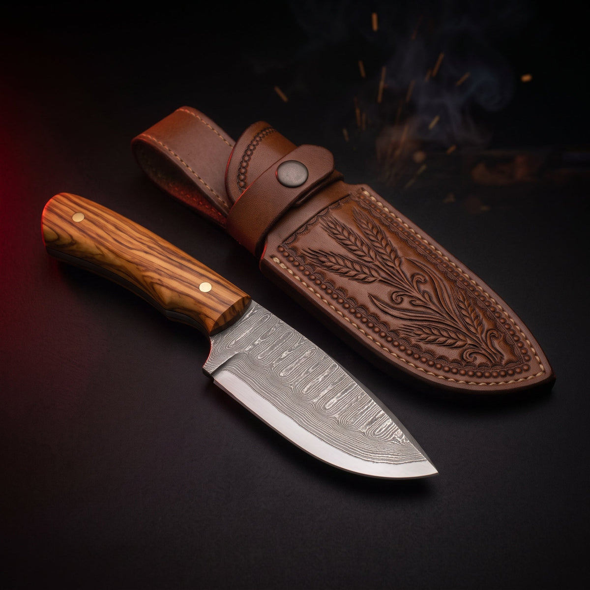 Damascus skinner knife with olive wood handle and tooled leather belt sheath