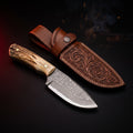 Damascus skinner knife with stag antler handle and tooled leather belt sheath
