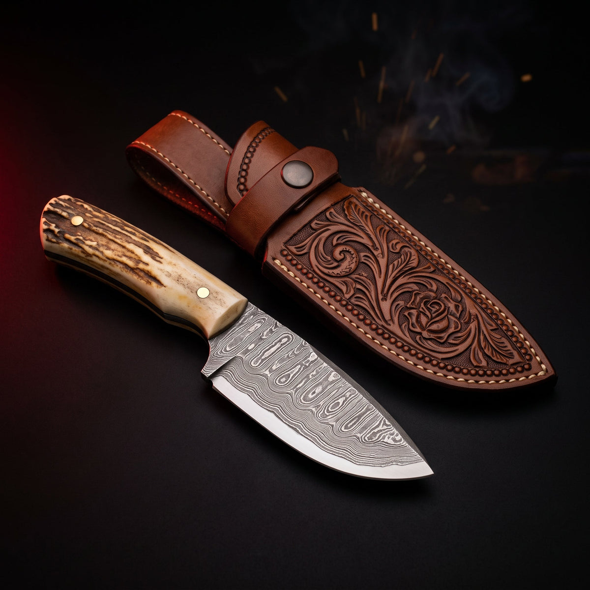 Damascus skinner knife with stag antler handle and tooled leather belt sheath