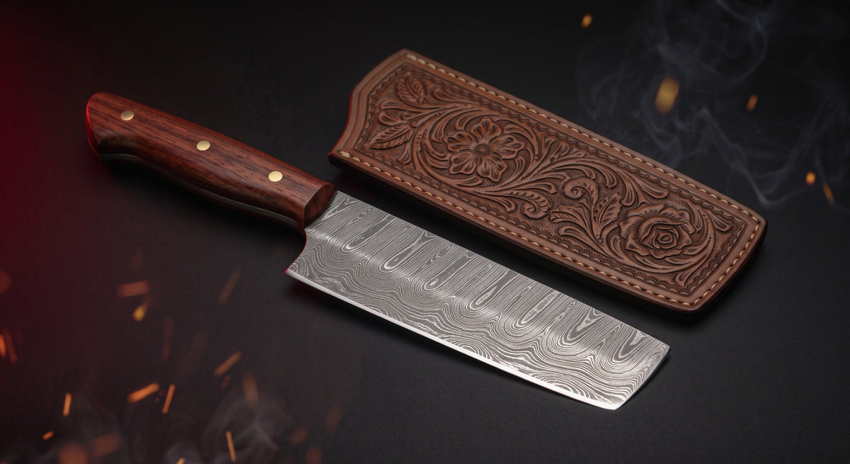 Damascus vegetable cleaver with rosewood handle and floral stamped leather sheath