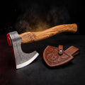 Damascus viking bearded axe with olive wood handle and tooled leather head cover