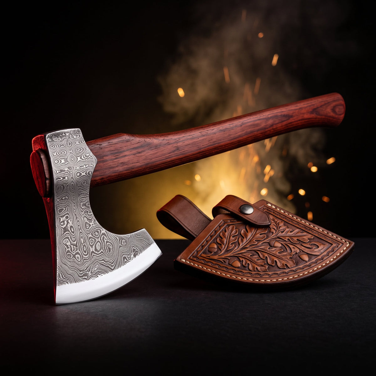 Damascus viking bearded axe with rosewood handle and tooled leather head cover