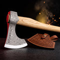 Damascus viking bearded axe with rune etched head, ash handle and tooled leather head cover