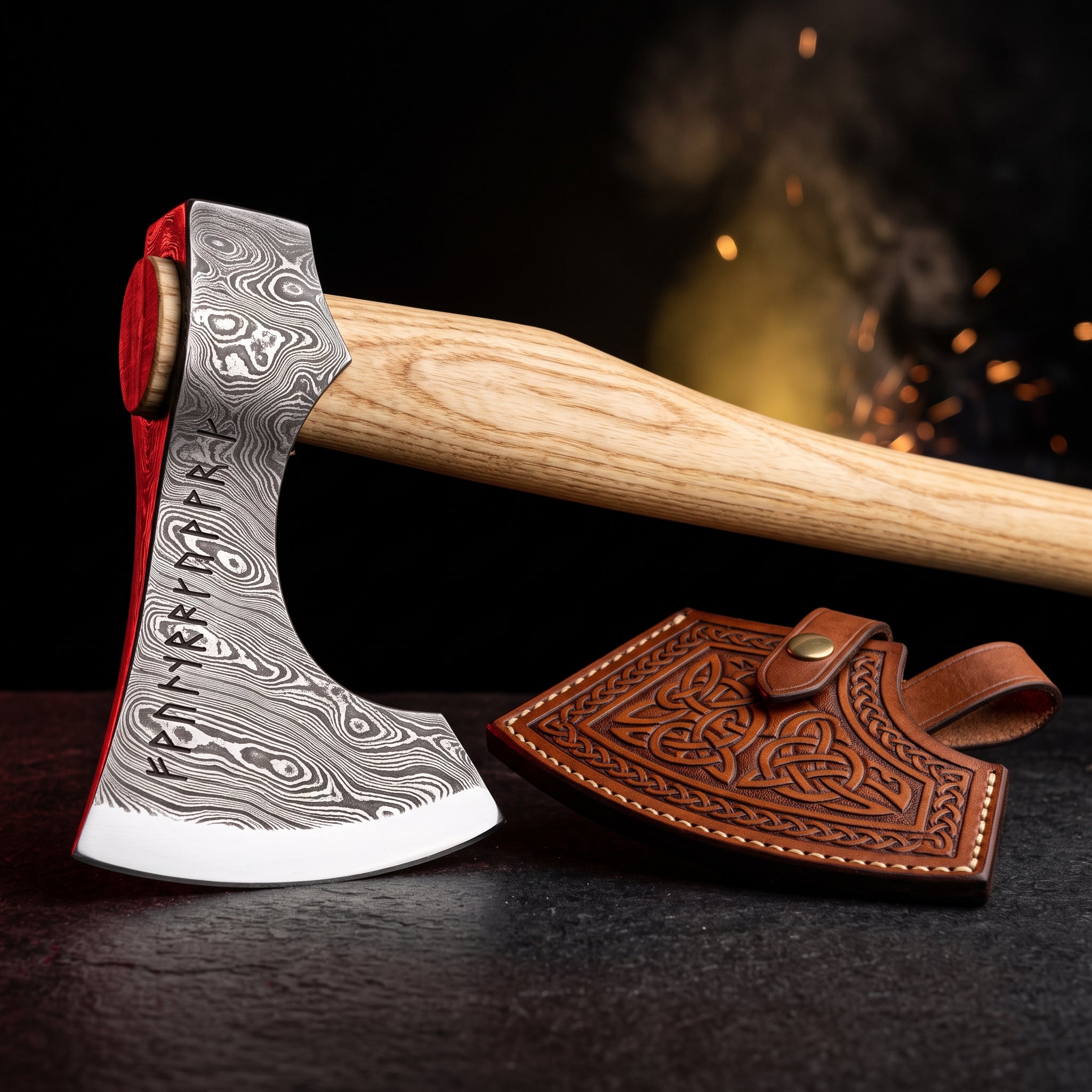 Damascus viking bearded axe with rune etched head, ash handle and tooled leather head cover