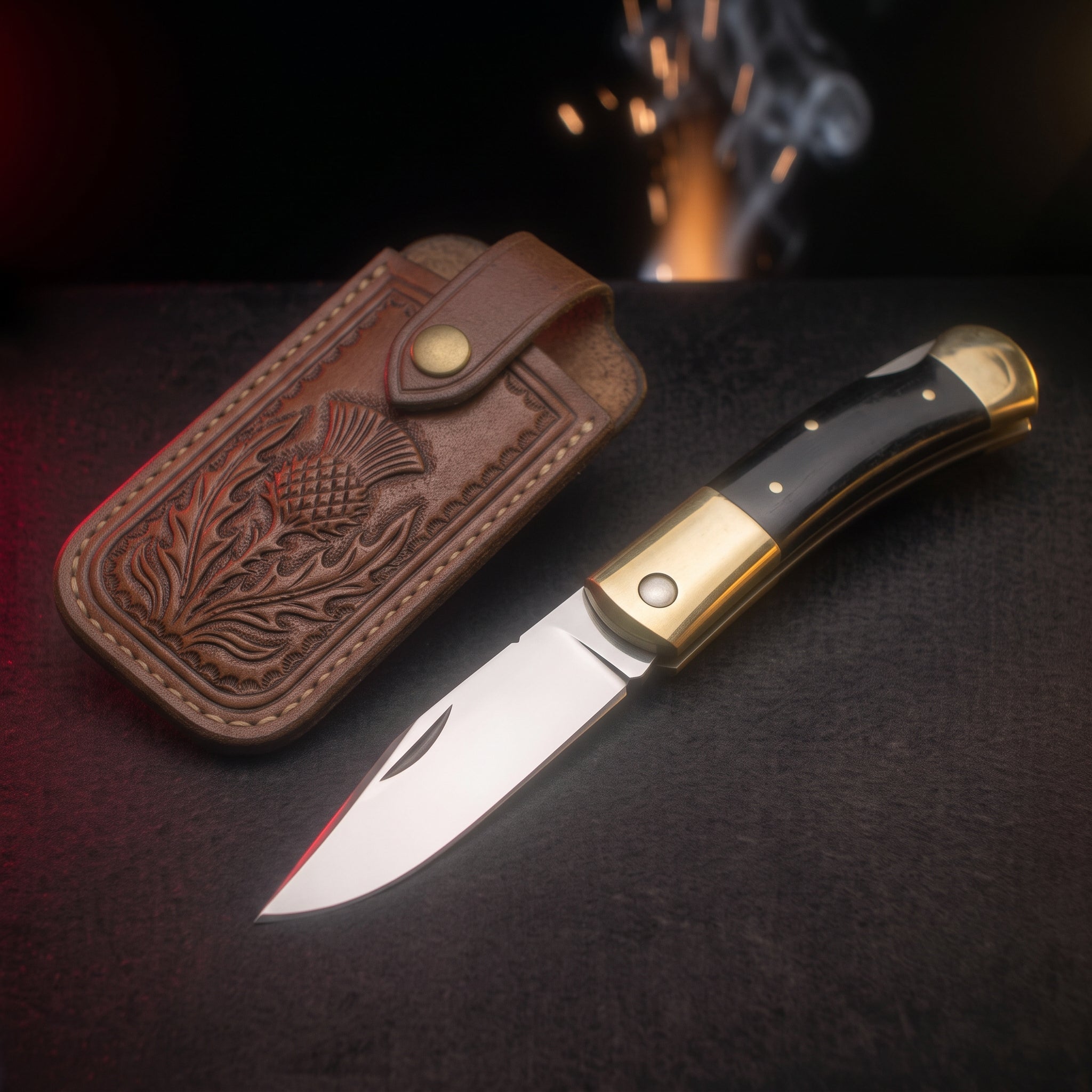Mirror polished dress folding knife with ebony and brass handle and tooled leather pouch
