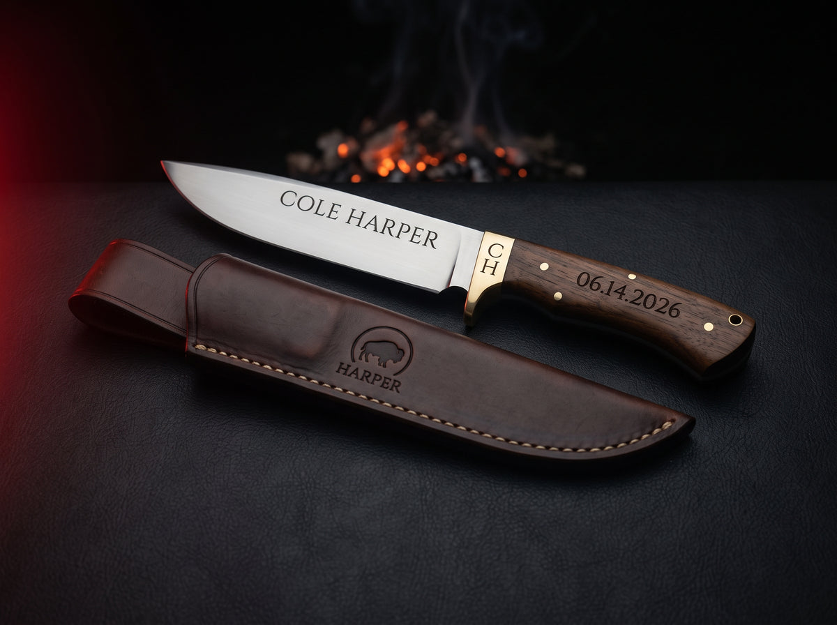 Hand forged knife and leather sheath laser engraved with a name on the blade, initials on the brass guard, a date on the handle and a shop logo on the sheath
