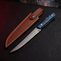 Damascus fillet knife with an 8 inch flexible blade, blue resin handle and a stamped leather sheath