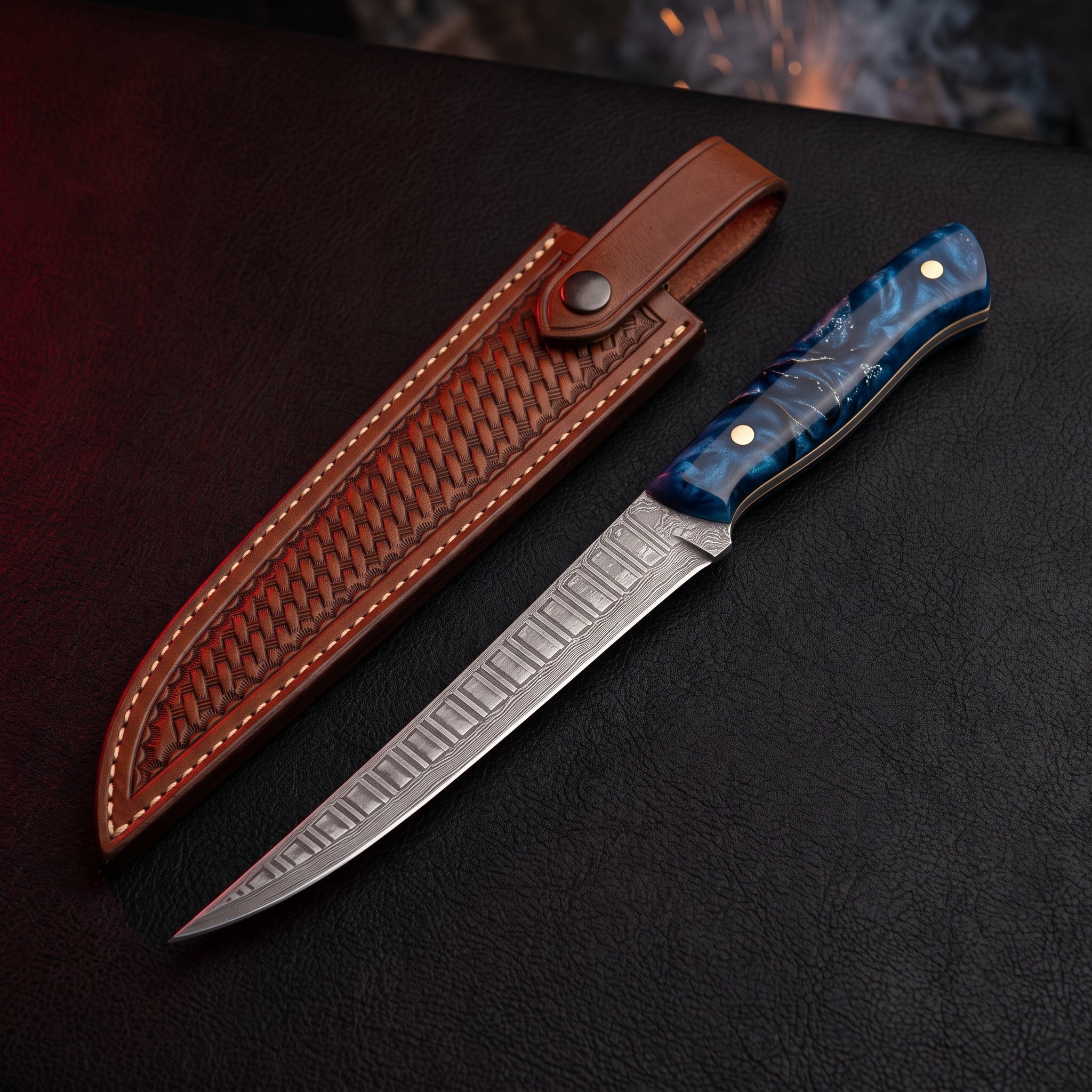 Damascus fillet knife with an 8 inch flexible blade, blue resin handle and a stamped leather sheath