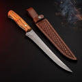 Damascus fillet knife with a 7 inch flexible blade, olive wood handle and a stamped leather sheath