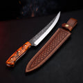Hand forged fillet knife with an 8 inch 1095 carbon steel blade, amber resin handle and a stamped leather sheath