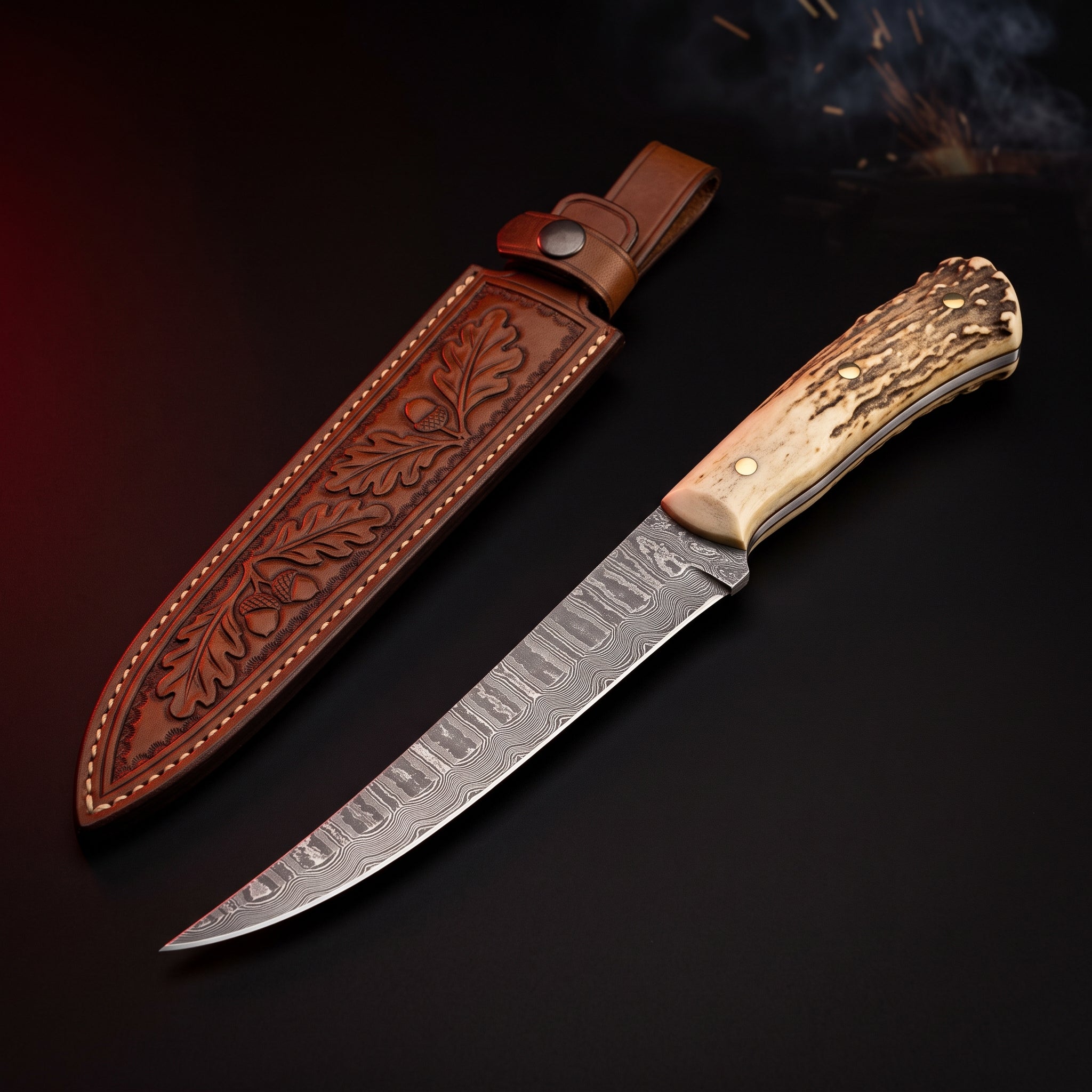 Damascus fillet knife with a 9 inch blade, stag antler handle and a hand carved leather sheath