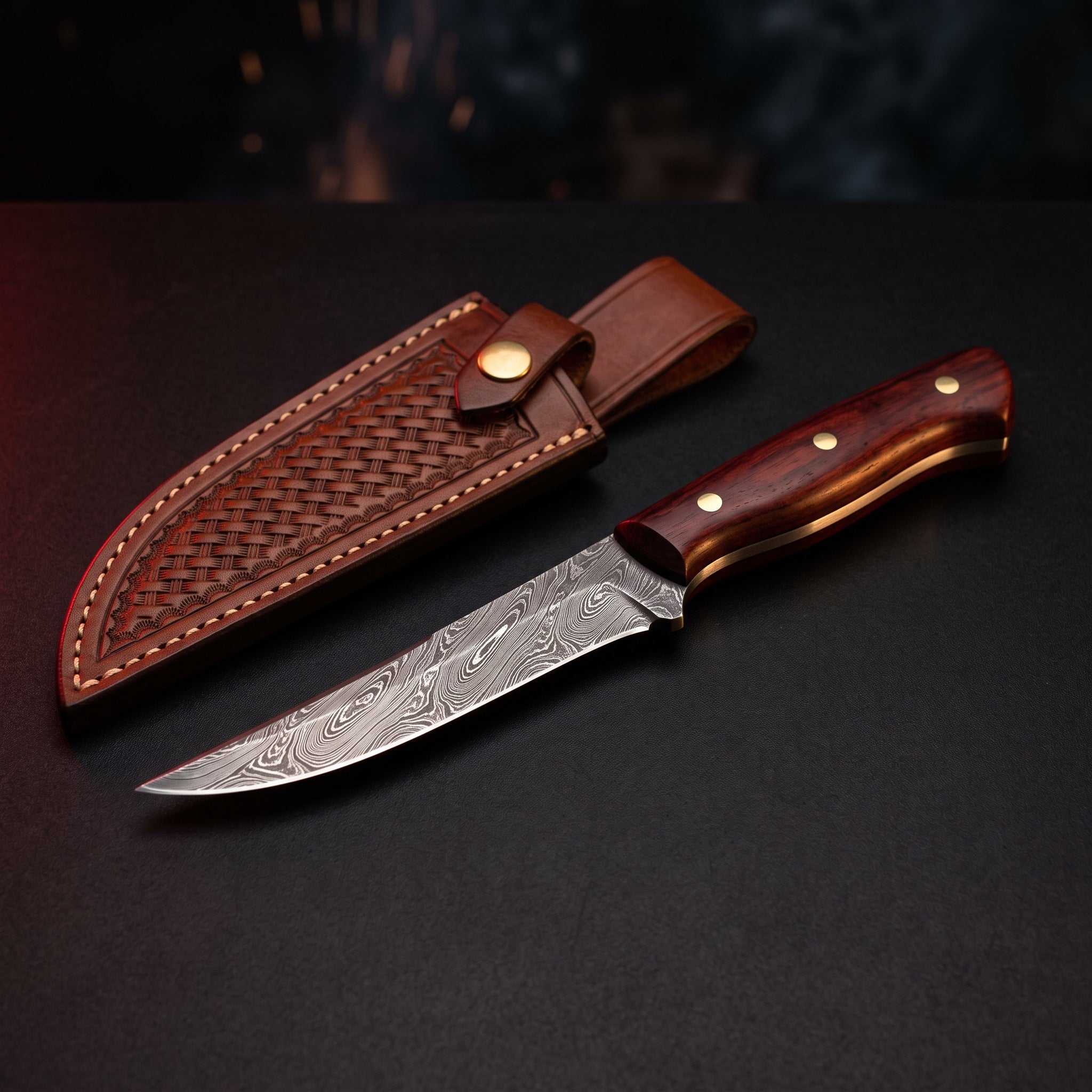 Damascus fillet knife with a 6.5 inch flexible blade, rosewood handle and a stamped leather sheath
