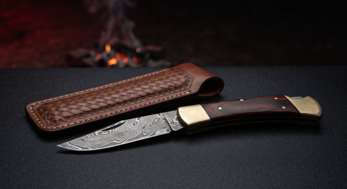Closed Damascus lock back folding knife with a rosewood handle and brass bolsters