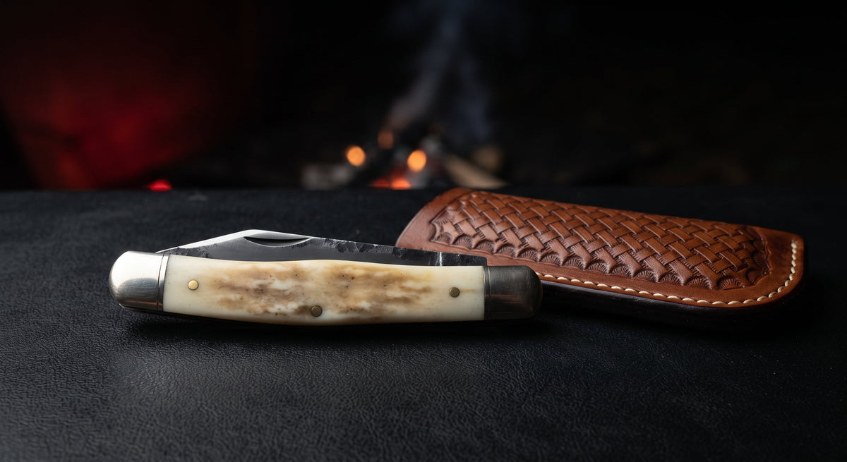 Closed hand forged canoe pocket knife with a camel bone handle and nickel silver bolsters at both ends