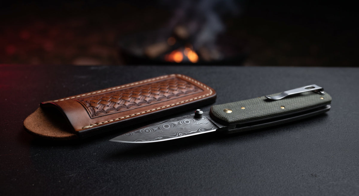 Closed Damascus folding knife with a green canvas micarta handle, thumb stud and a pocket clip