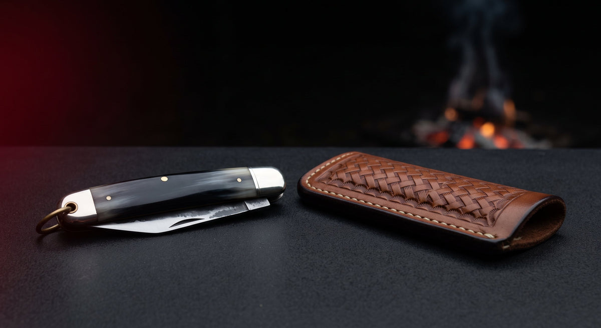 Closed hand forged gentlemans folding knife with a black buffalo horn handle and polished nickel silver bolsters