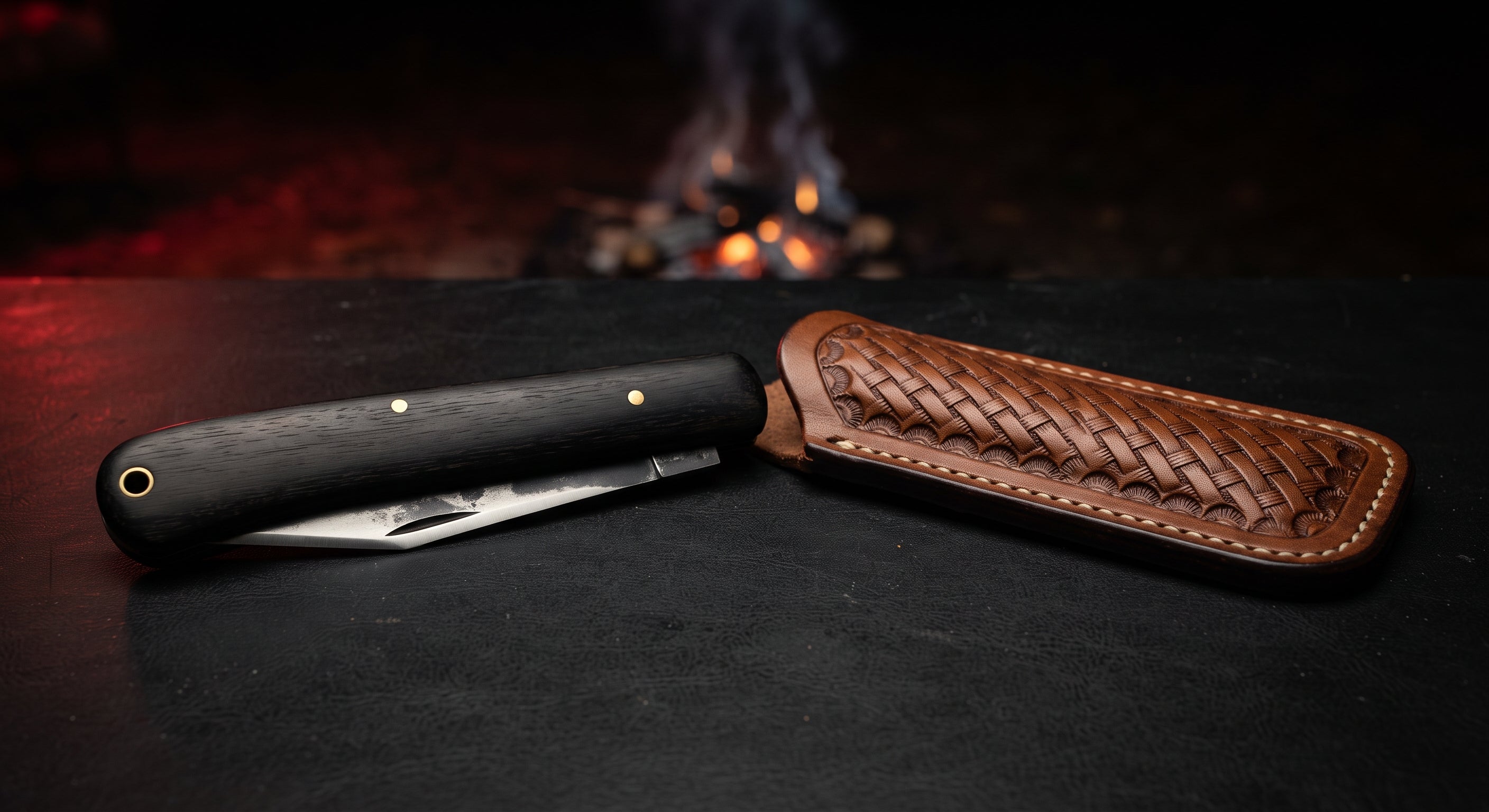 Closed hand forged sodbuster folding knife with a plain black ebony handle and no bolsters