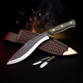 Full tang kukri with green micarta handle, tooled leather scabbard, karda and chakmak