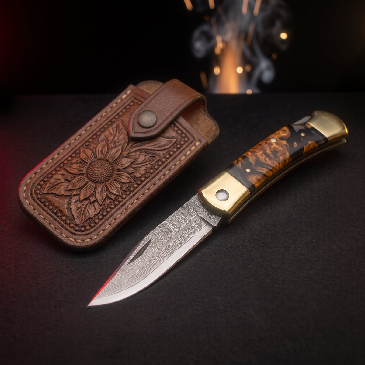 Damascus gentlemans folding knife with burl wood and resin handle and tooled leather pouch