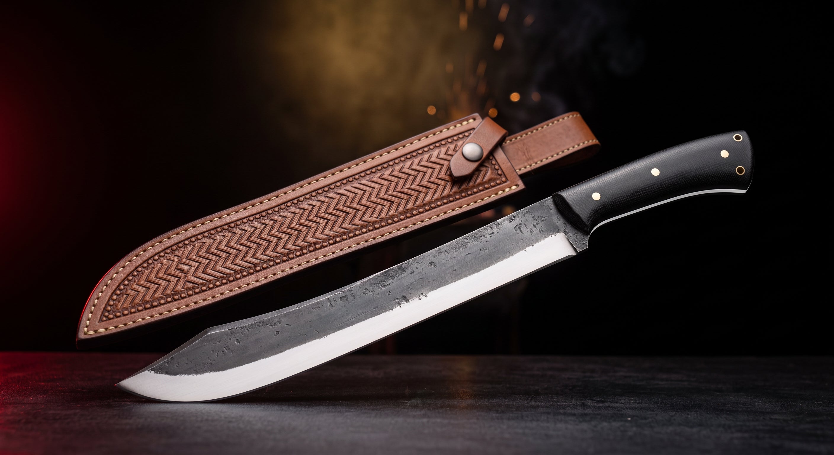 Hand forged breaking knife with black micarta handle and tooled leather sheath