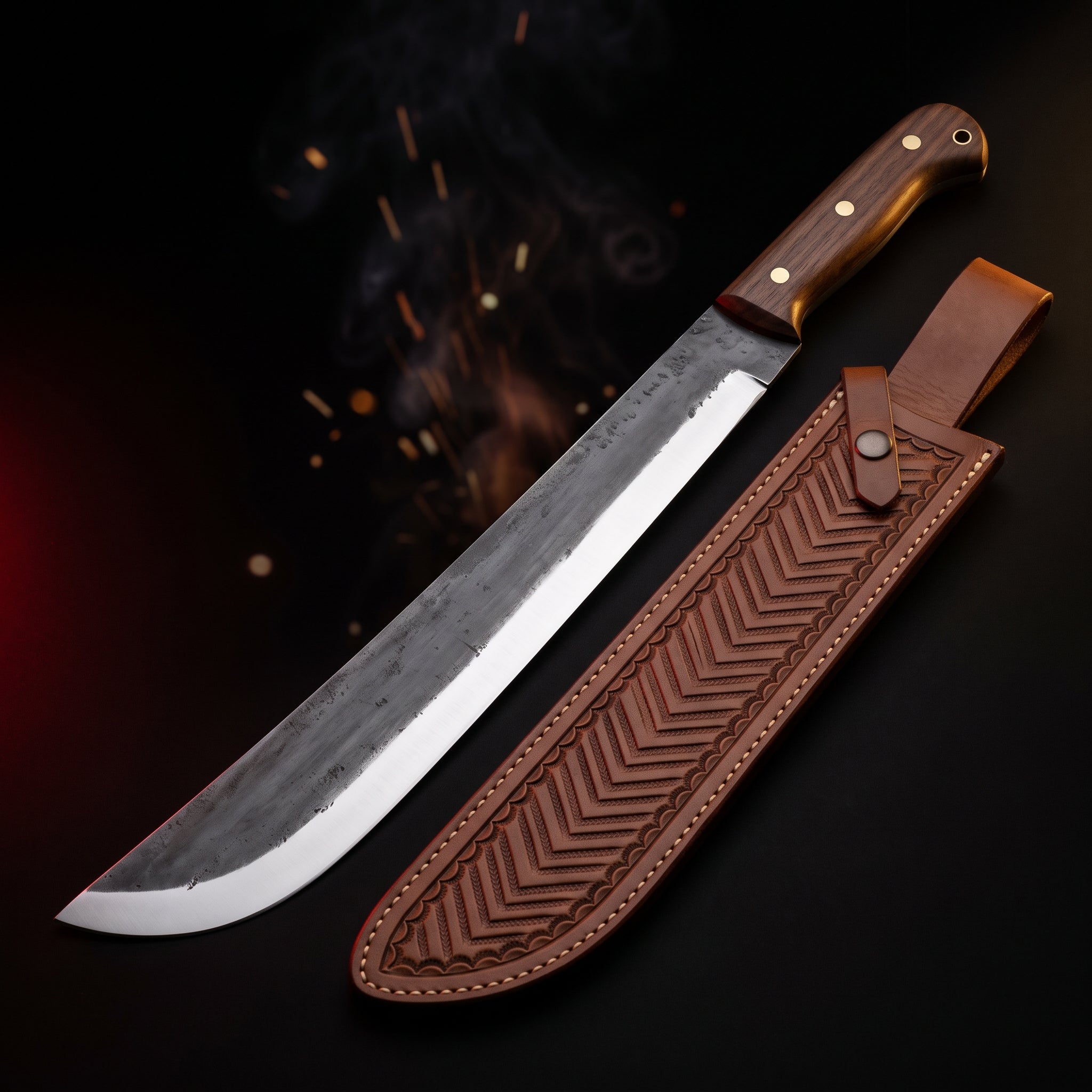 Hand forged bush machete with walnut handle and chevron tooled leather sheath