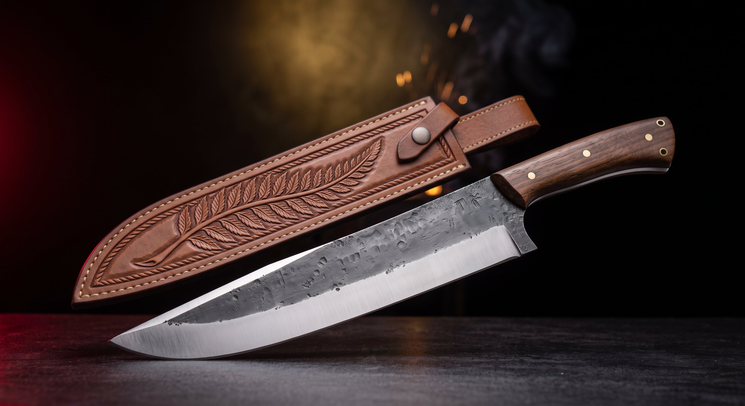 Hand forged butcher cimeter with rosewood handle and tooled leather sheath