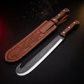 Hand forged cane machete with hooked tip, rosewood handle and tooled leather sheath