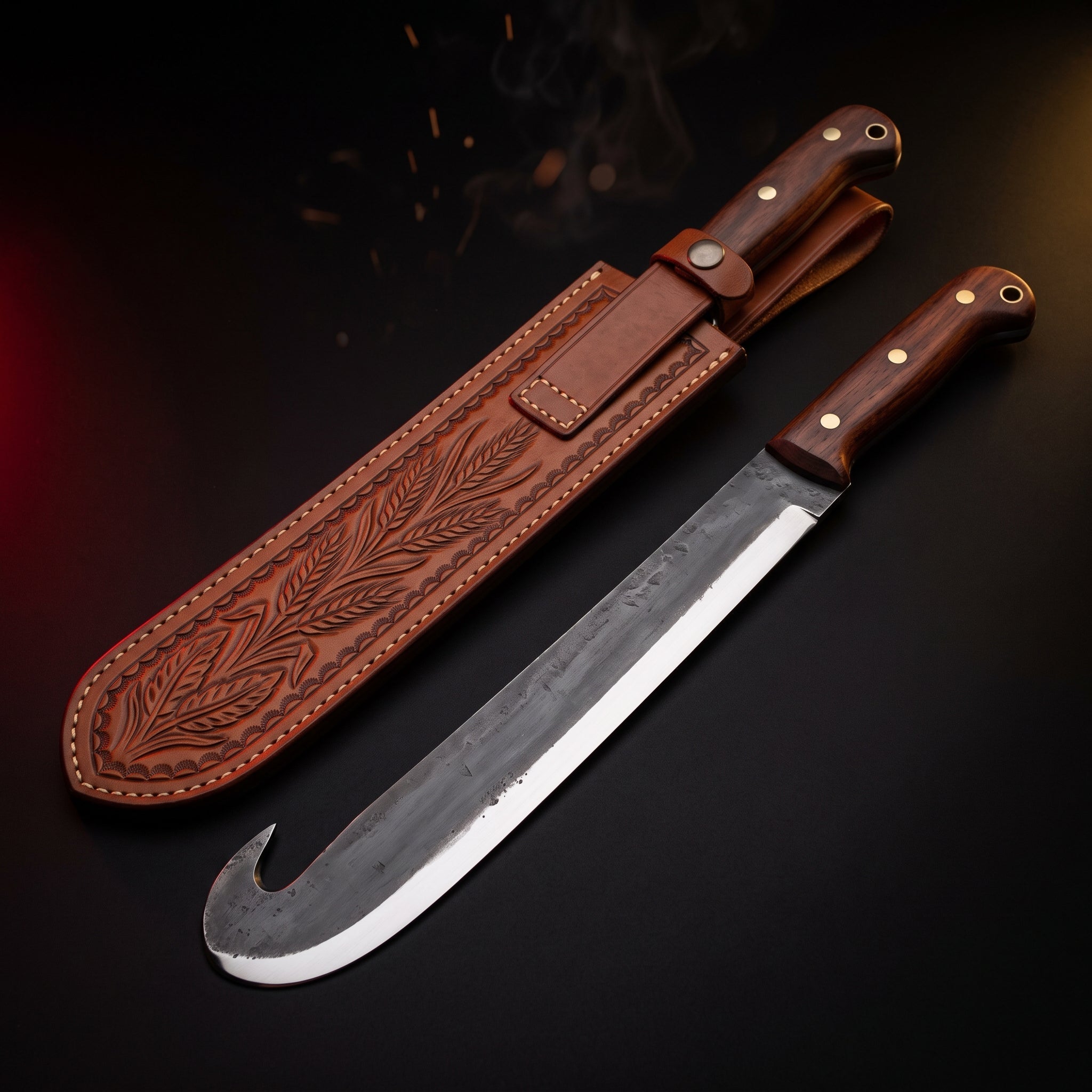 Hand forged cane machete with hooked tip, rosewood handle and tooled leather sheath