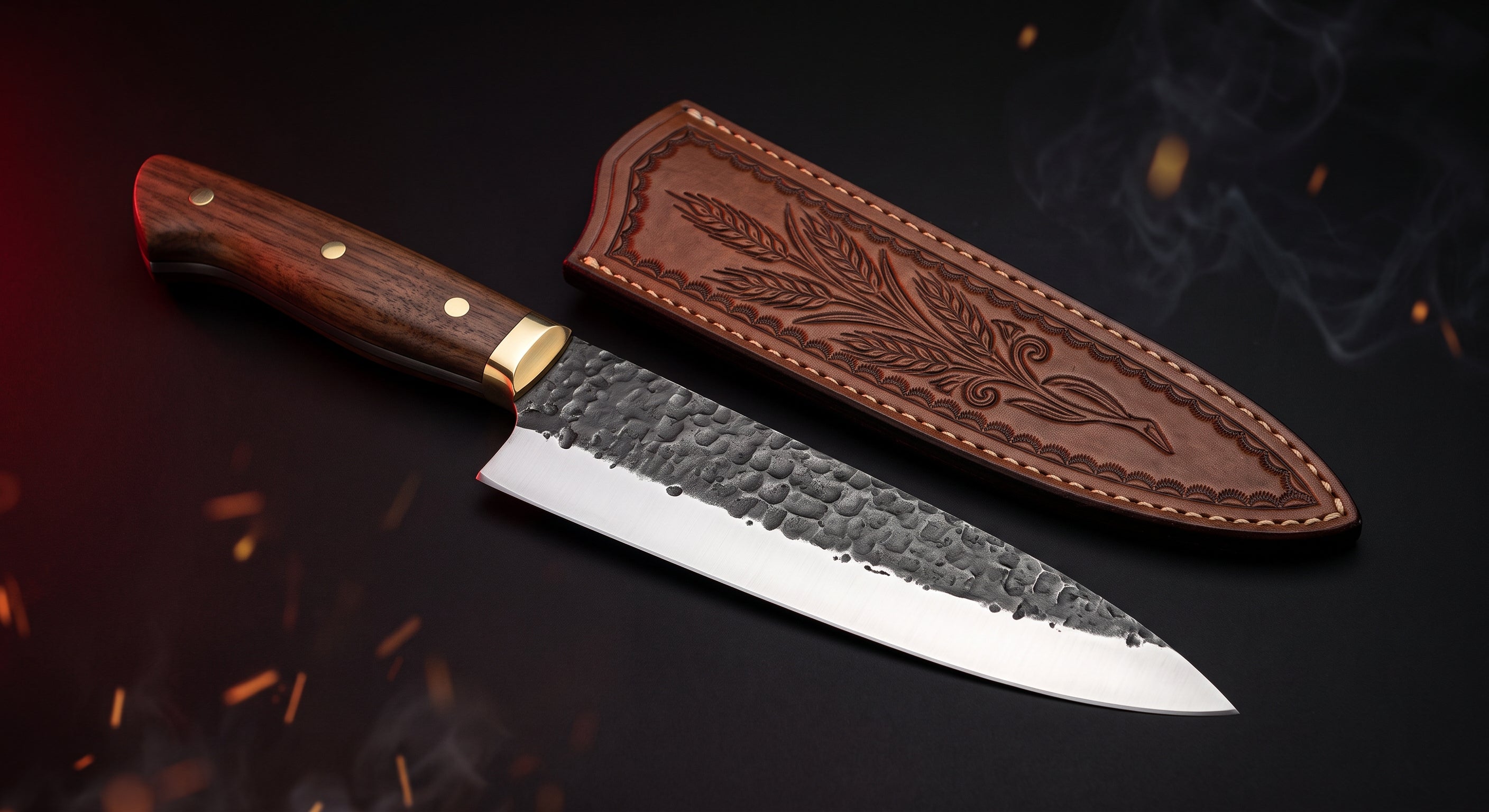 Hand forged carbon steel chef knife with rosewood handle and stamped leather sheath