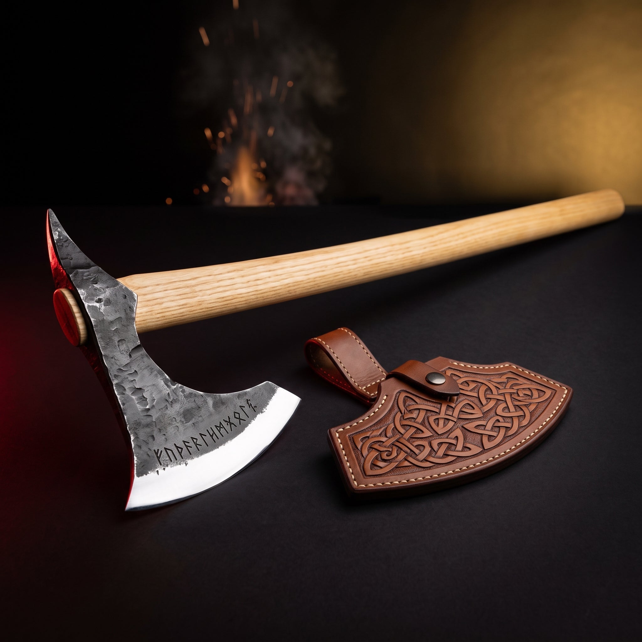 Hand forged Dane axe with rune etched head, long ash haft and tooled leather head cover