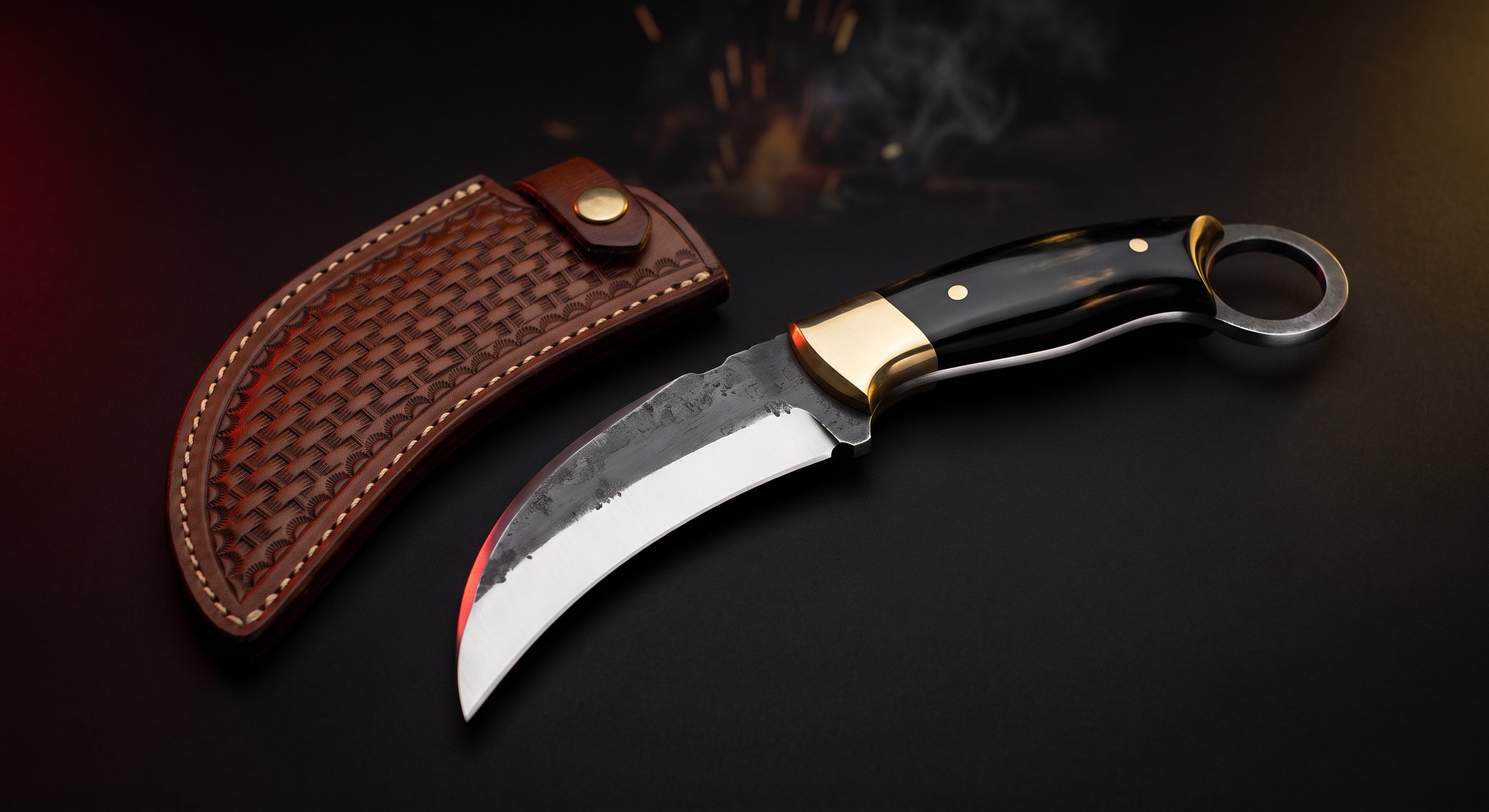 Hand forged 1095 karambit knife with black horn handle, brass bolster, finger ring and tooled leather sheath