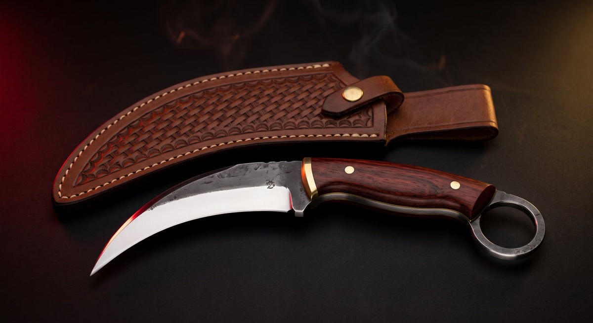Hand forged 1095 karambit knife with rosewood handle, finger ring and tooled leather sheath