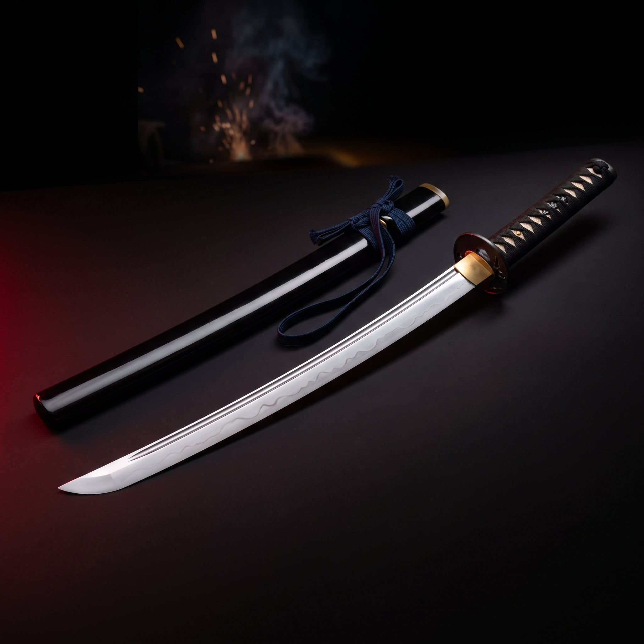 Hand forged 1095 katana with clay tempered blade, black lacquered saya and black cord wrapped handle