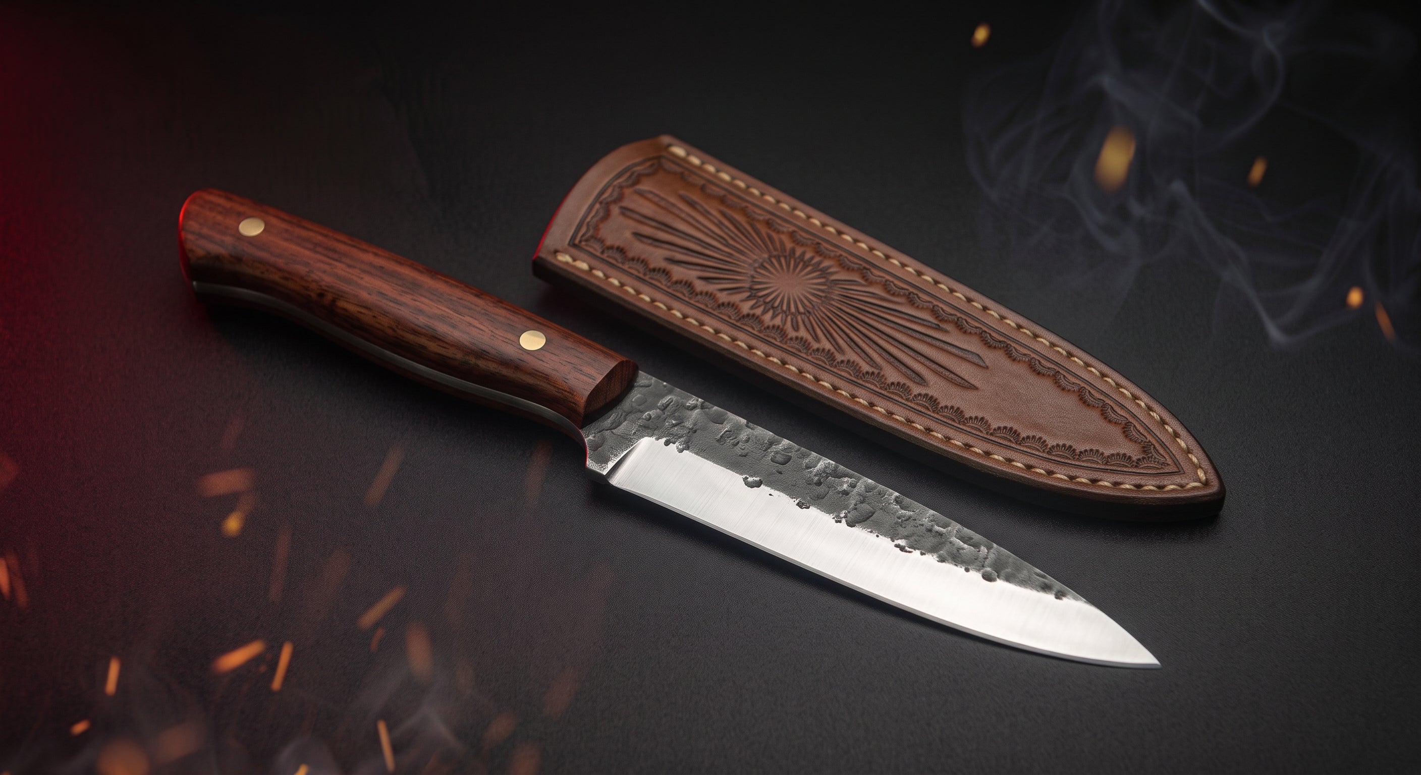 Hand forged carbon steel kitchen knife with rosewood handle and stamped leather sheath
