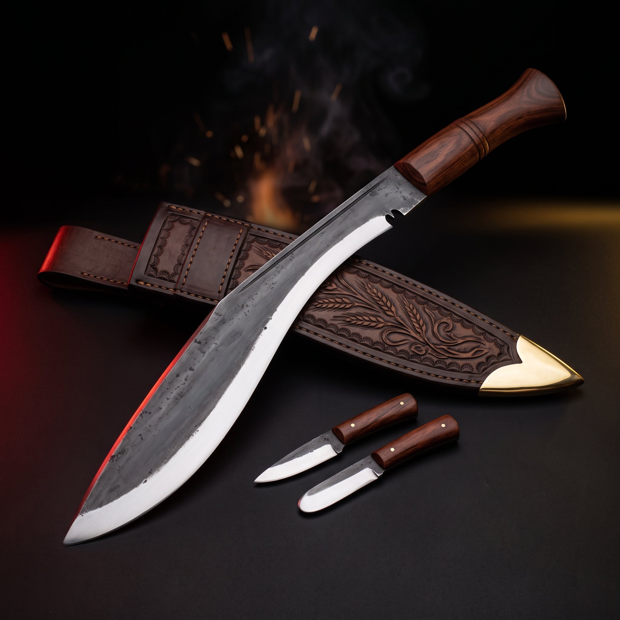 Hand forged 15 inch kukri with rosewood handle, tooled leather scabbard, karda and chakmak
